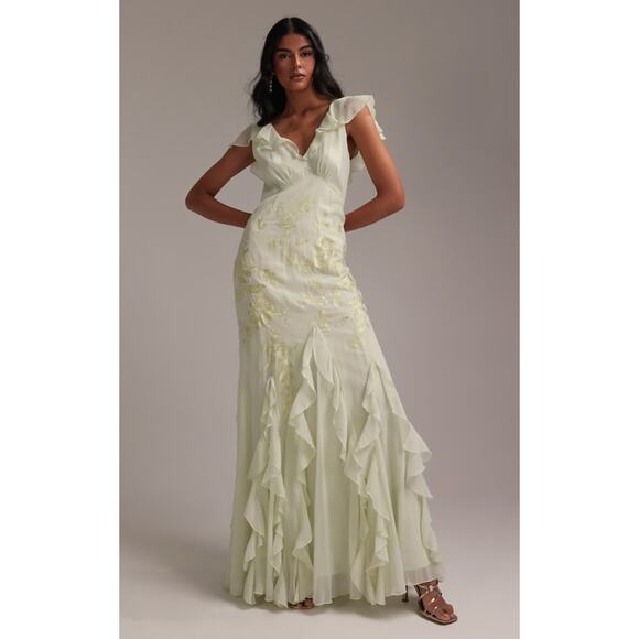 ASOS Embroidered Flutter Sleeve Maxi Dress Frill Hem Light Green Womens Size 12 - Picture 1 of 16